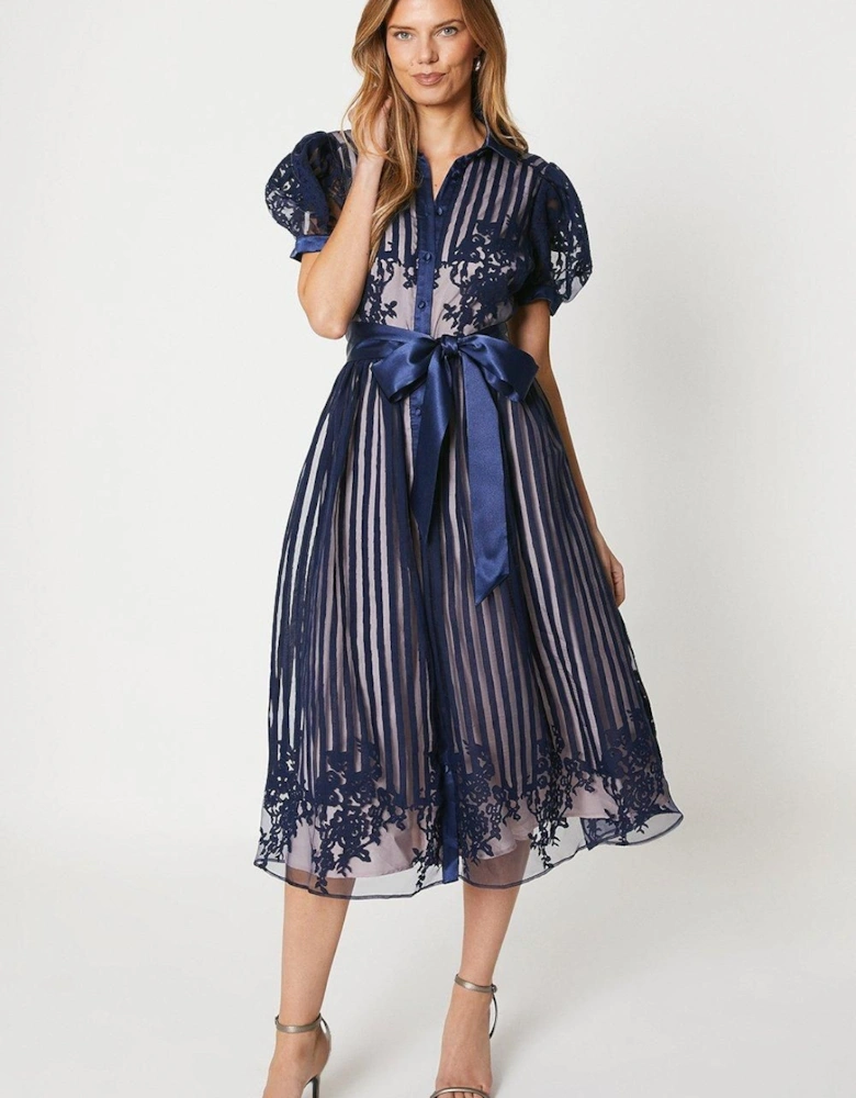 Placement Stripe Organza Puff Sleeve Shirt Dress