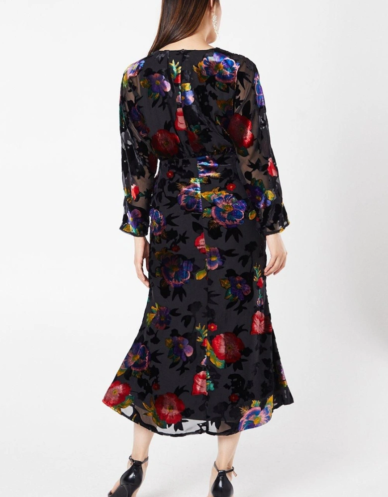 Floral Velvet Long Sleeve Midi Wedding Guest Dress