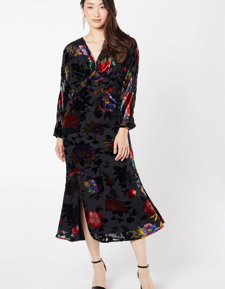 Floral Velvet Long Sleeve Midi Wedding Guest Dress