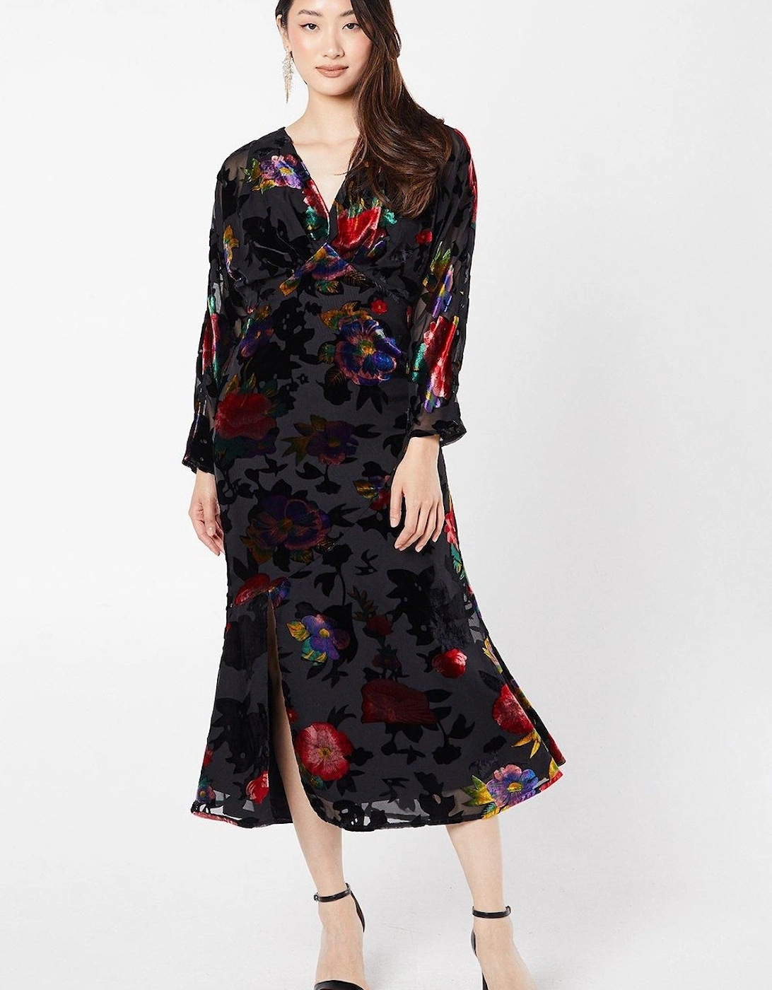 Floral Velvet Long Sleeve Midi Wedding Guest Dress, 6 of 5