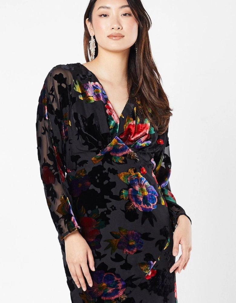 Floral Velvet Long Sleeve Midi Wedding Guest Dress