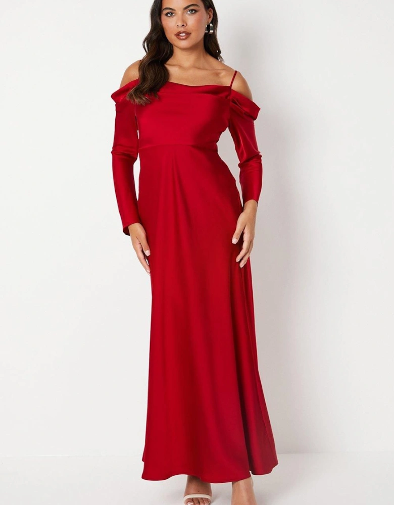 Long Sleeve Cowl Neck Satin Maxi Dress