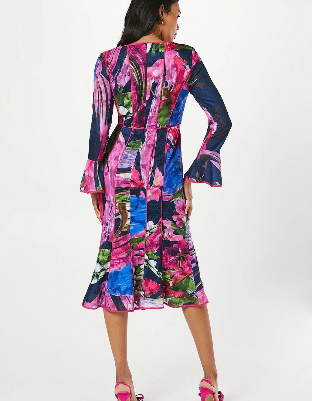 Floral Print Long Sleeve Midi Wedding Guest Dress