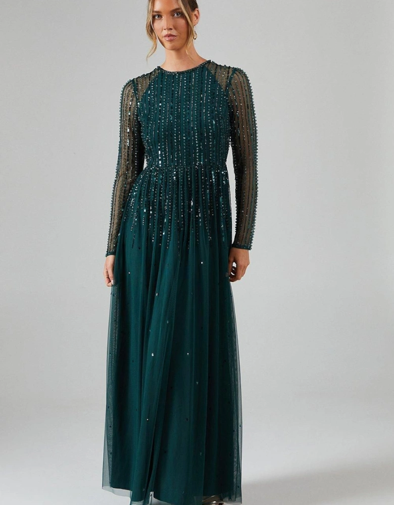 Long Sleeve Linear Embellished And Beaded Bridesmaid Dress