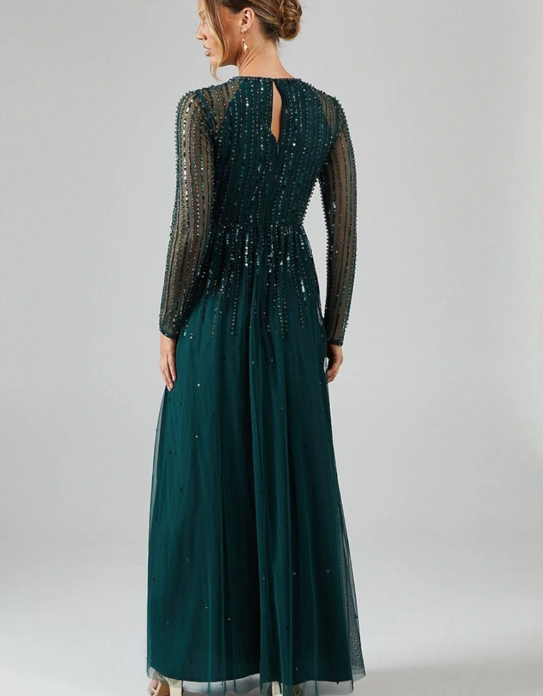 Long Sleeve Linear Embellished And Beaded Bridesmaid Dress