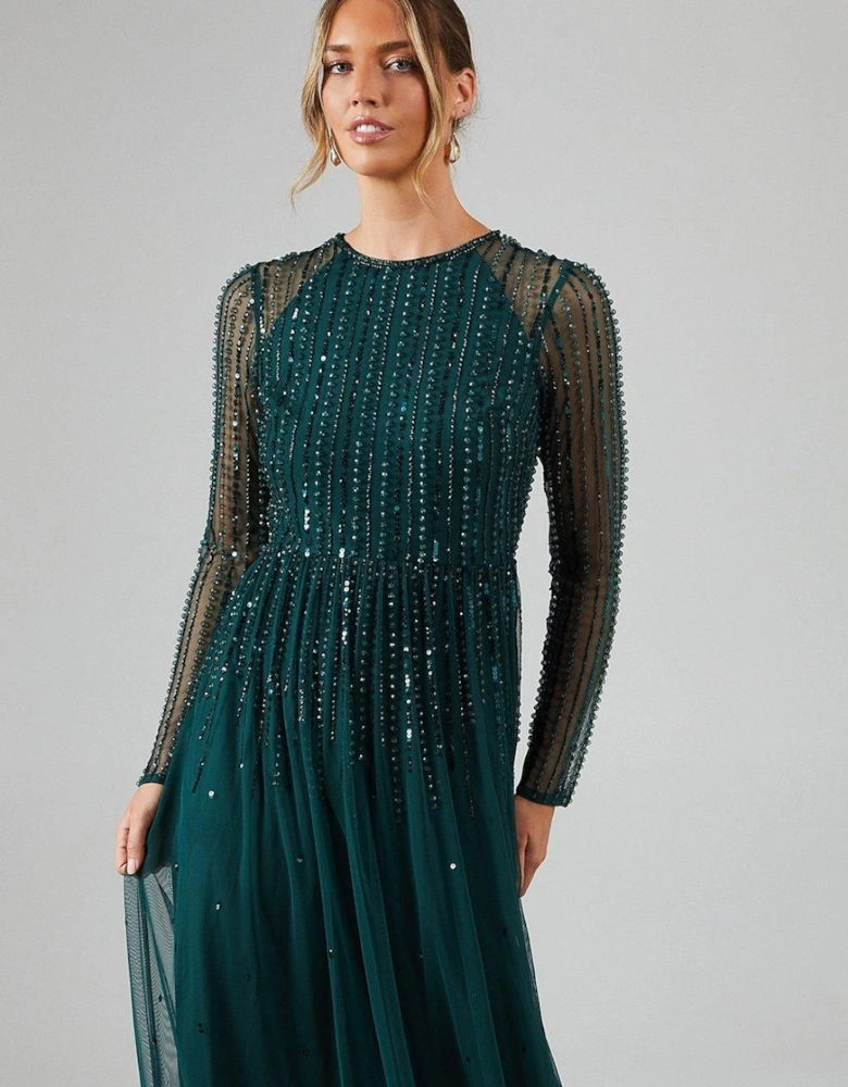 Long Sleeve Linear Embellished And Beaded Bridesmaid Dress