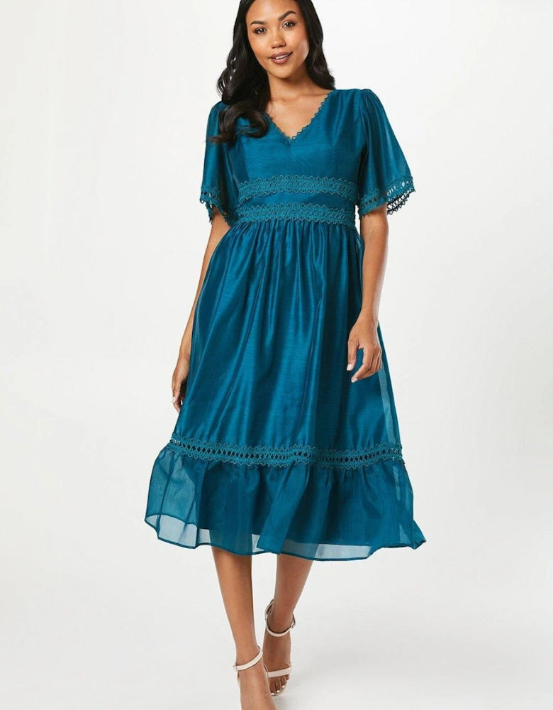 Lace Trim Organza Midi Wedding Guest Dress