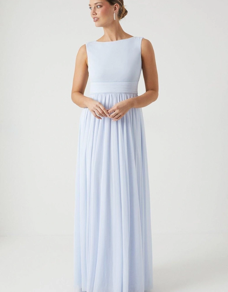 Cowl Back Stretch Mesh Full Skirted Bridesmaid Maxi Dress