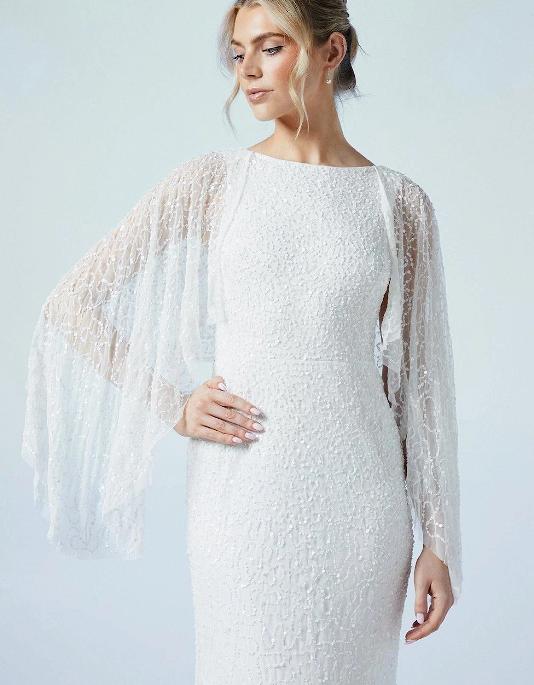 Cape Detail Sequin Embellished Puddle Hem Wedding Dress