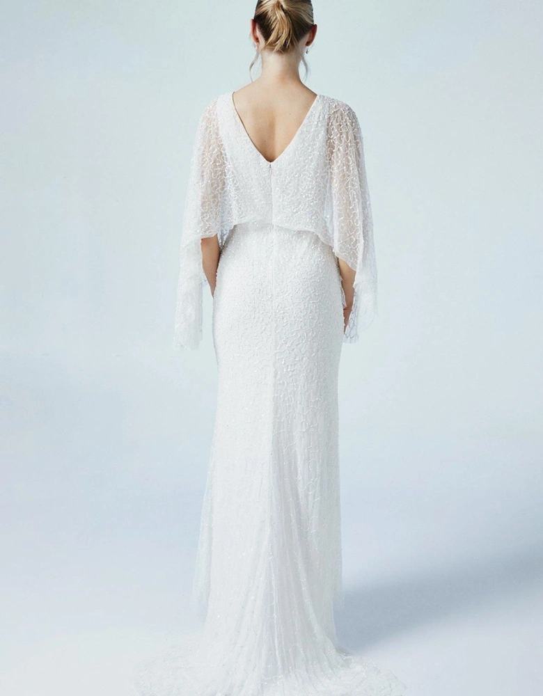 Cape Detail Sequin Embellished Puddle Hem Wedding Dress