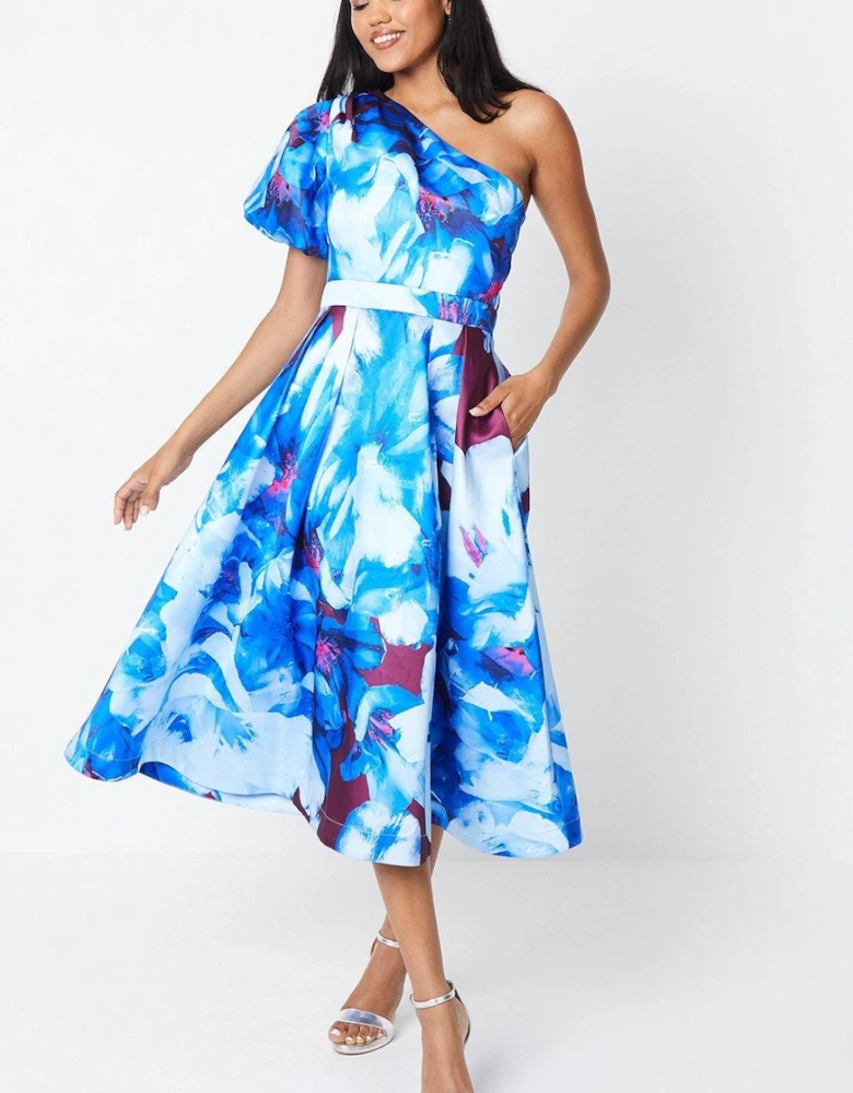 Printed One Shoulder Midi Wedding Guest Dress