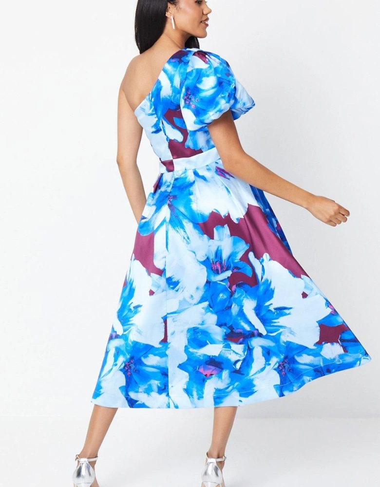 Printed One Shoulder Midi Wedding Guest Dress