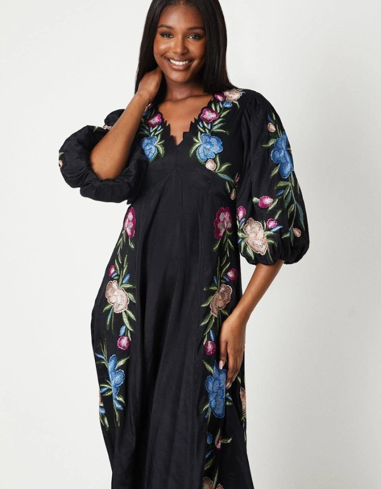 Floral Neckline Embroidered Puff Sleeve Midi Dress