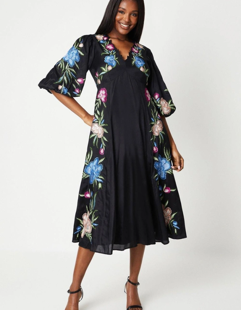 Floral Neckline Embroidered Puff Sleeve Midi Dress