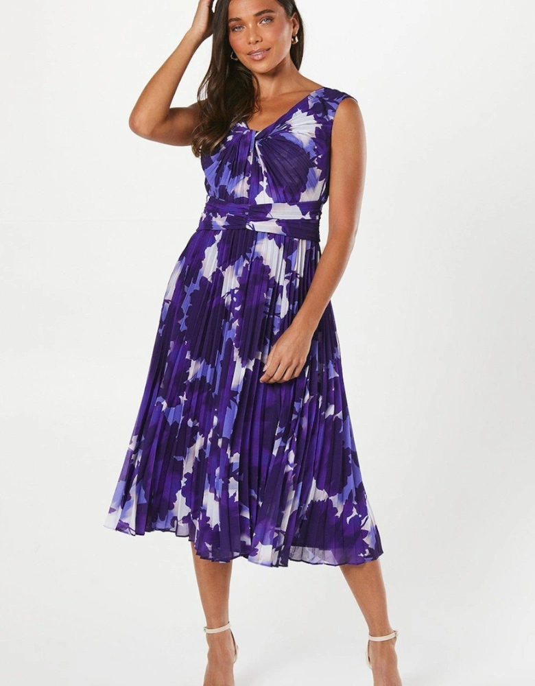 Petite Printed Pleated Neck Midi Dress