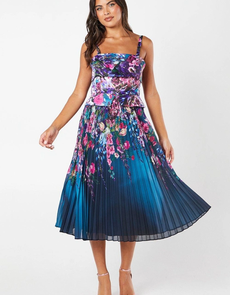 Square Neck Floral Print Midi Wedding Guest Dress