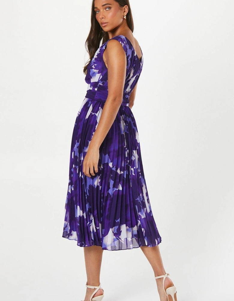 Petite Printed Pleated Neck Midi Dress