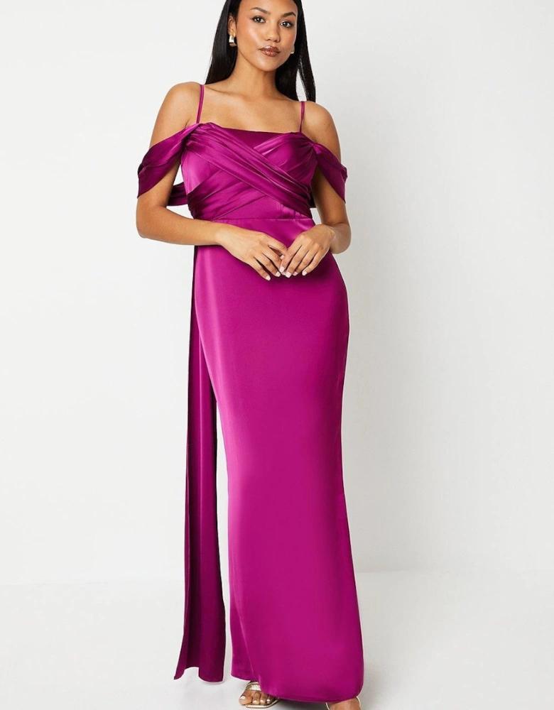 Wrap Bodice Draped Sleeve Satin Maxi Dress