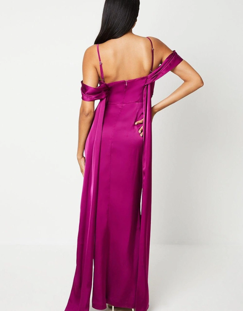 Wrap Bodice Draped Sleeve Satin Maxi Dress