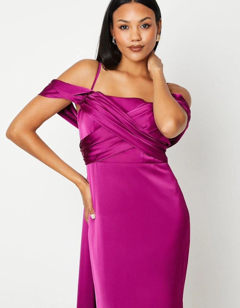 Wrap Bodice Draped Sleeve Satin Maxi Dress