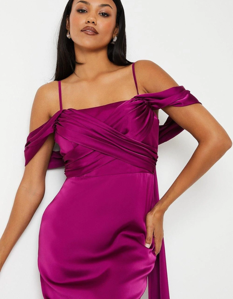 Wrap Bodice Draped Sleeve Satin Maxi Dress