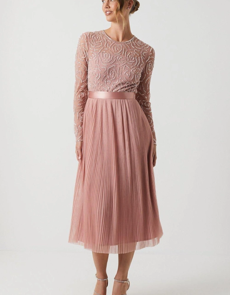 Rose Embroidered Long Sleeve Bridesmaid Dress