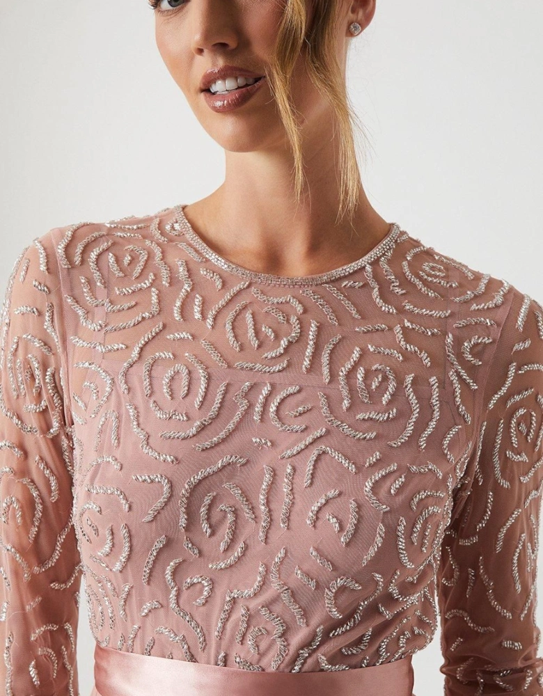 Rose Embroidered Long Sleeve Bridesmaid Dress