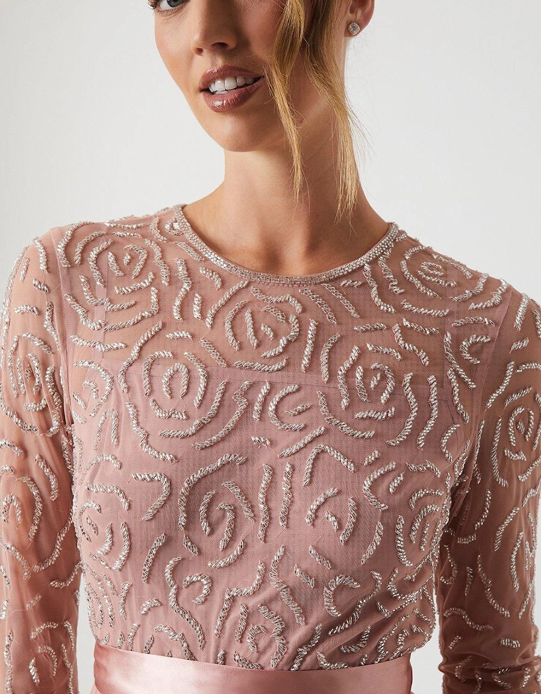 Rose Embroidered Long Sleeve Bridesmaid Dress