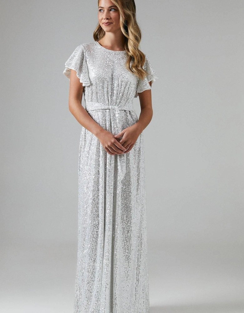 Teen Sequin Angel Sleeve Bridesmaid Dress