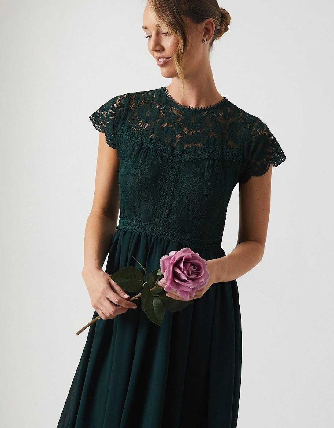 Short Sleeve Eyelash Bodice Bridesmaid Dress