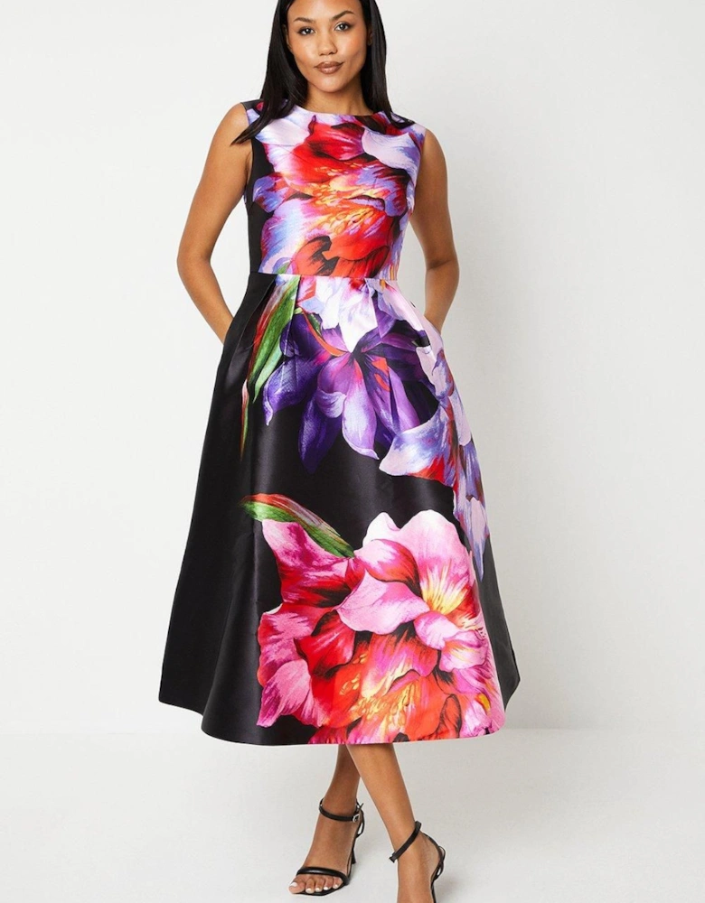 Large Scale Floral Print Satin Twill Midi Dress