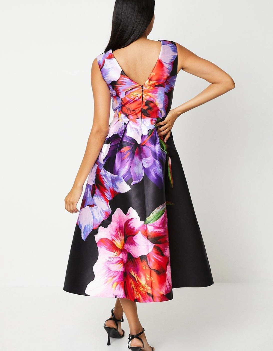 Large Scale Floral Print Satin Twill Midi Dress