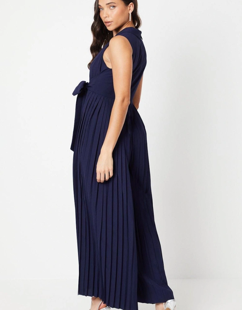 Petite Pleated Wide Leg Sleeveless Jumpsuit