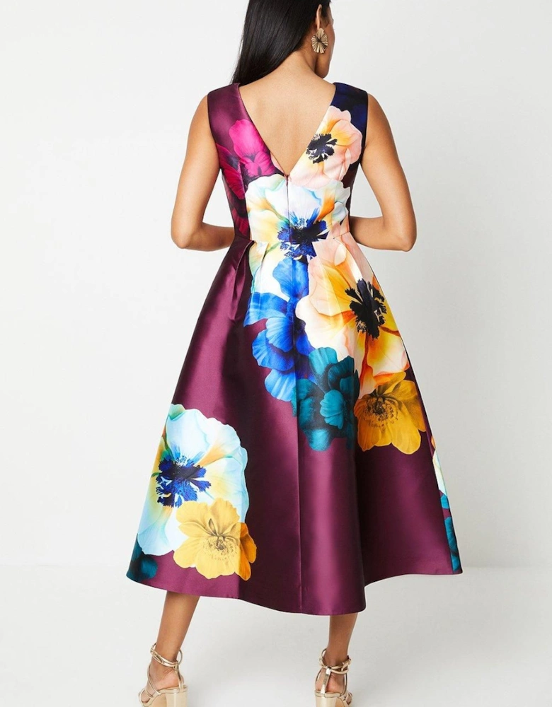 Large Scale Floral Print Satin Twill Midi Wedding Guest Dress