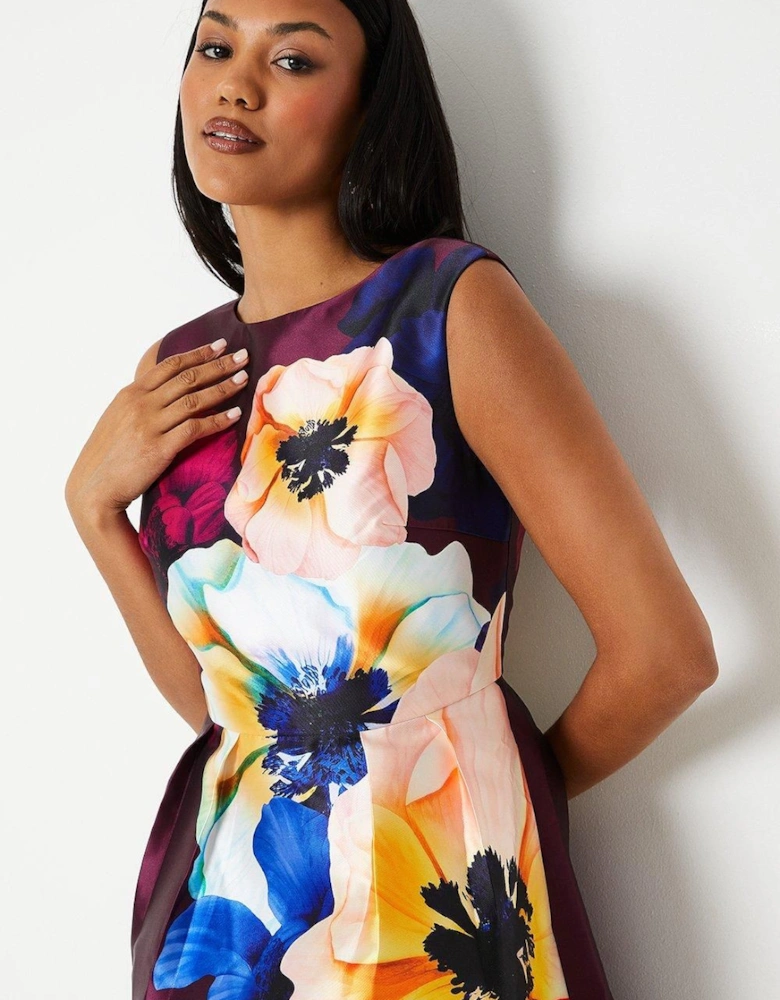 Large Scale Floral Print Satin Twill Midi Wedding Guest Dress