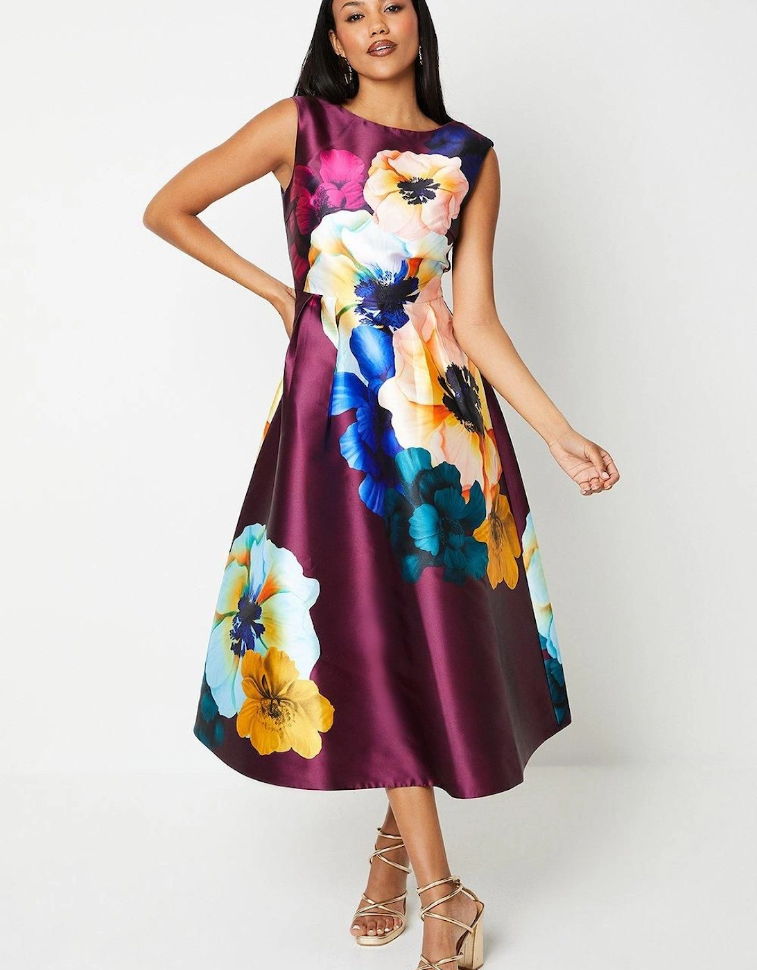 Large Scale Floral Print Satin Twill Midi Wedding Guest Dress, 6 of 5