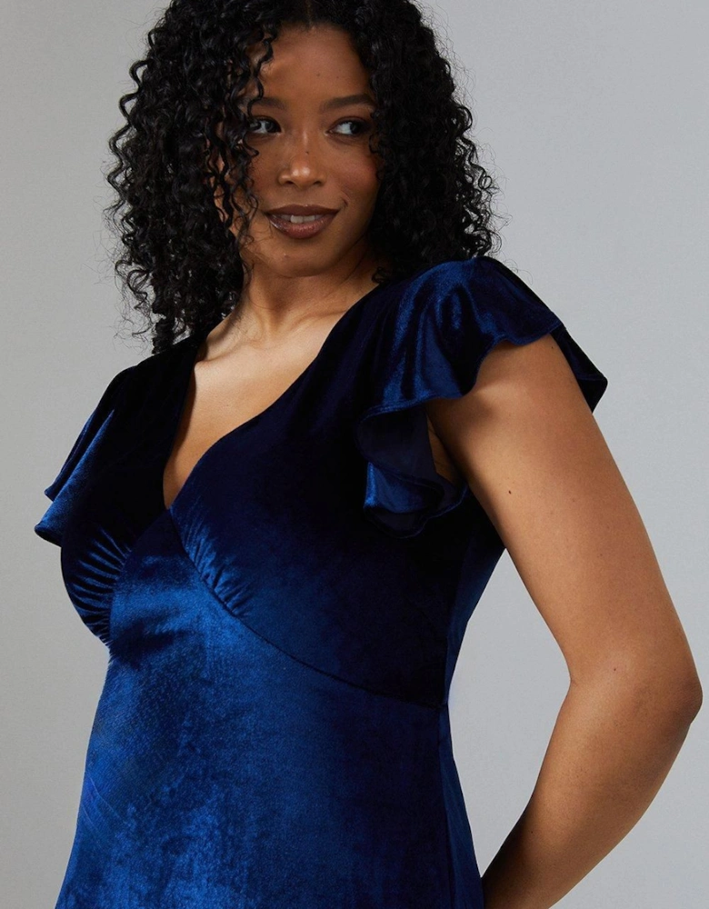 V Neck Ruffle Sleeve Velvet Bridesmaid Dress