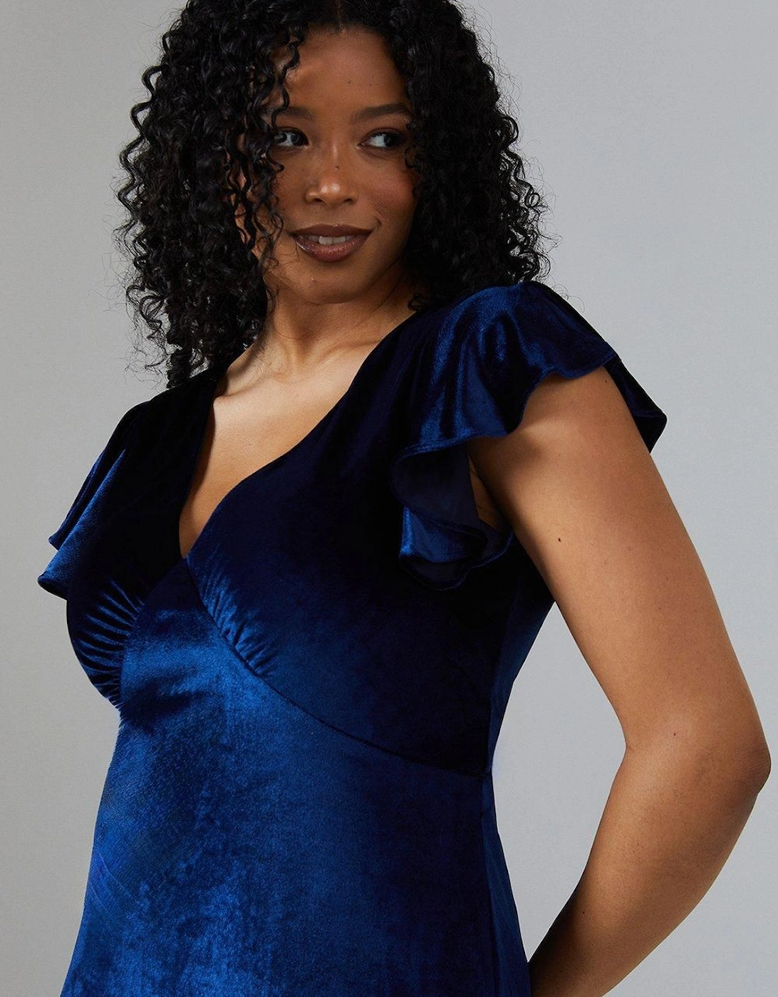 V Neck Ruffle Sleeve Velvet Bridesmaid Dress