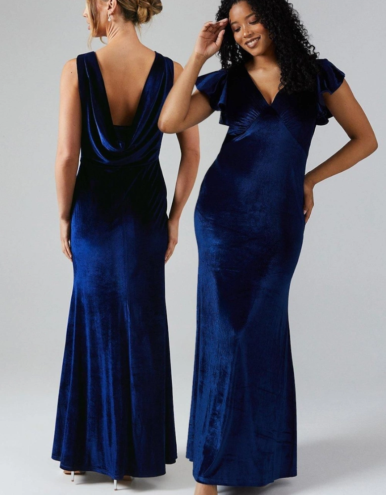 V Neck Ruffle Sleeve Velvet Bridesmaid Dress