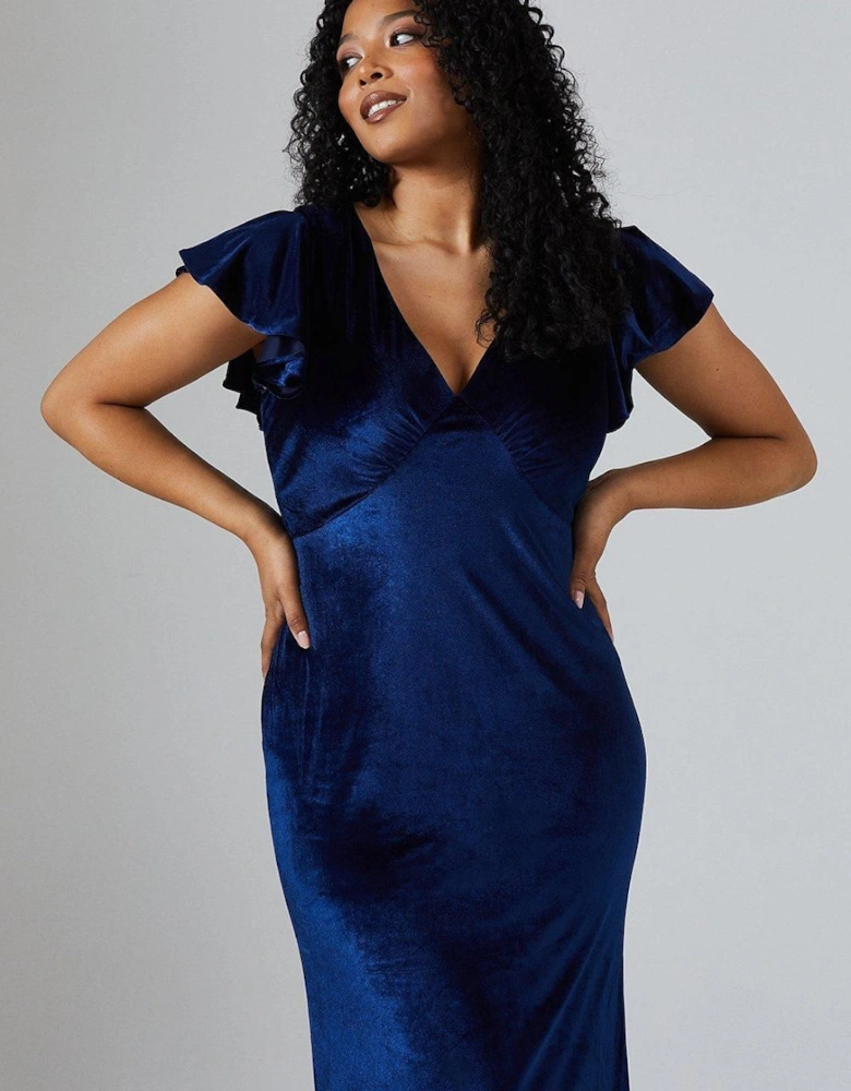 V Neck Ruffle Sleeve Velvet Bridesmaid Dress