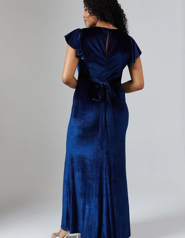 V Neck Ruffle Sleeve Velvet Bridesmaid Dress