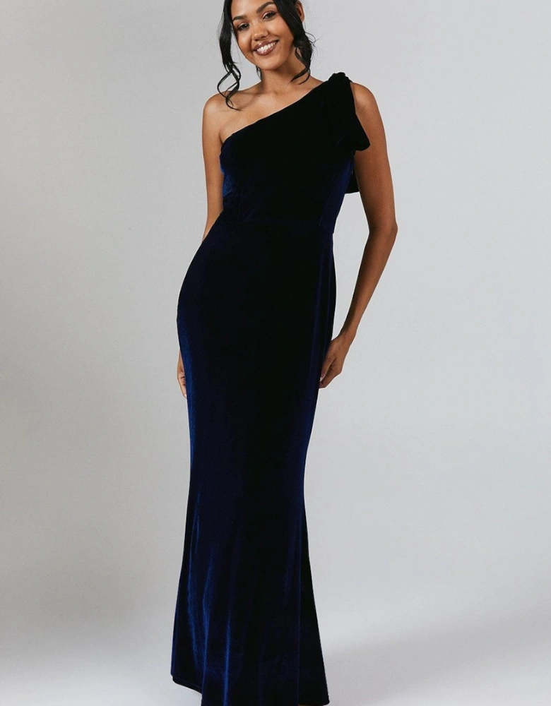 Bow One Shoulder Velvet Bridesmaid Maxi Dress