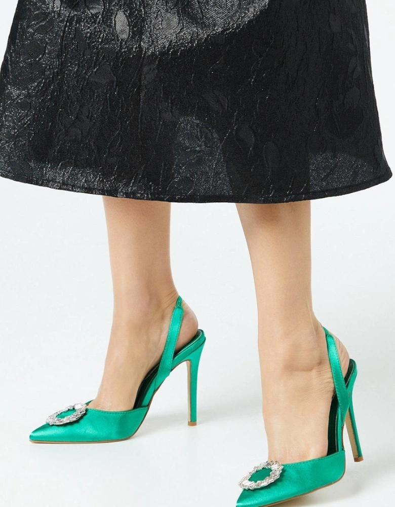 Serenity Satin Brooch Detail High Heel Slingback Court Shoes