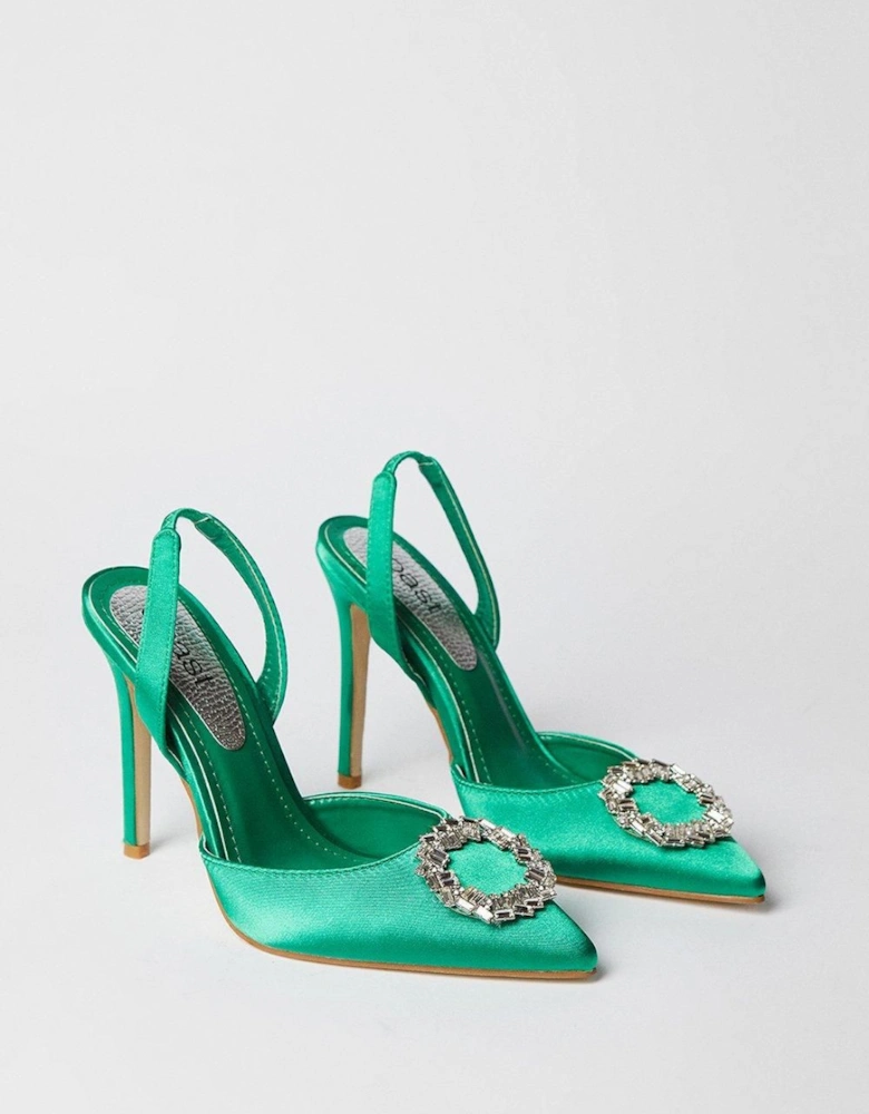 Serenity Satin Brooch Detail High Heel Slingback Court Shoes