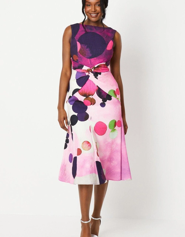 Printed Twist Detail Satin Back Crepe Midi Dress