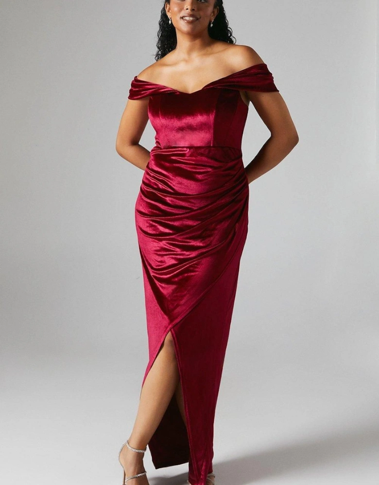 Corset Bardot Velvet Bridesmaid Maxi Dress