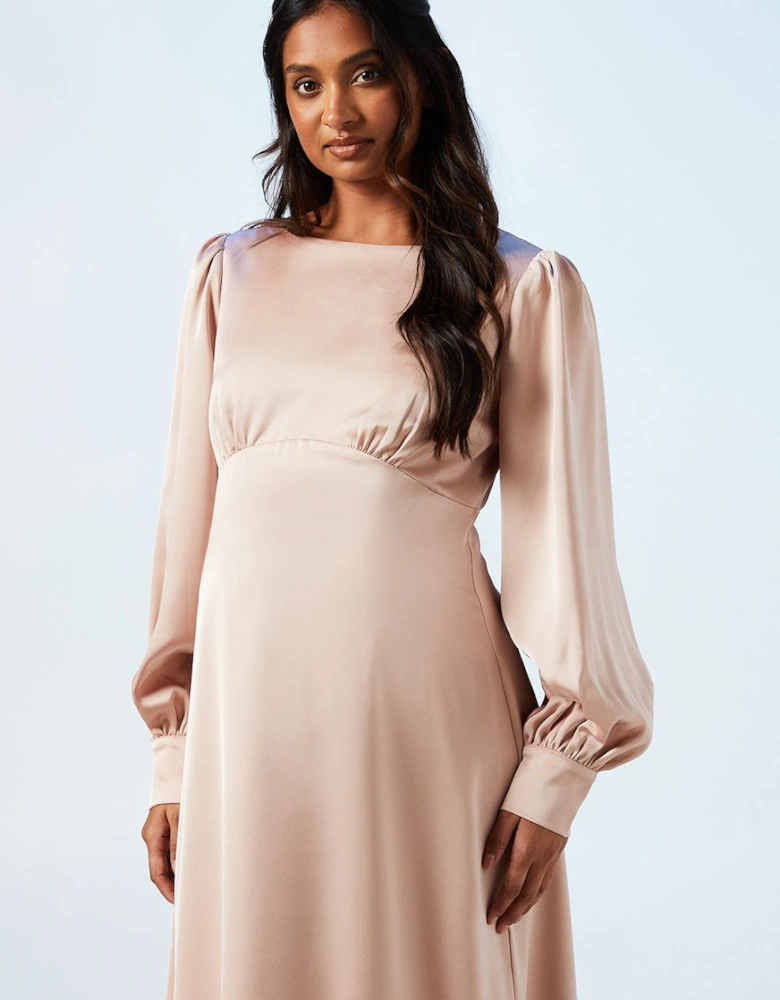 Maternity Blouson Sleeve Satin Bridesmaids Maxi Dress