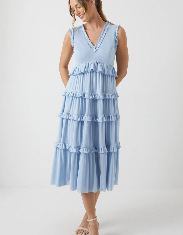 Stretch Mesh Ruffle Midi Bridesmaid Dress