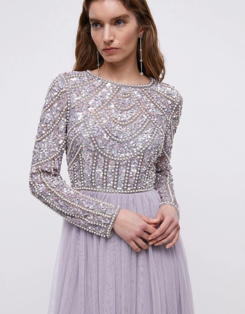 Pearl Embellished Bodice Bridesmaid Tulle Skirt Dress