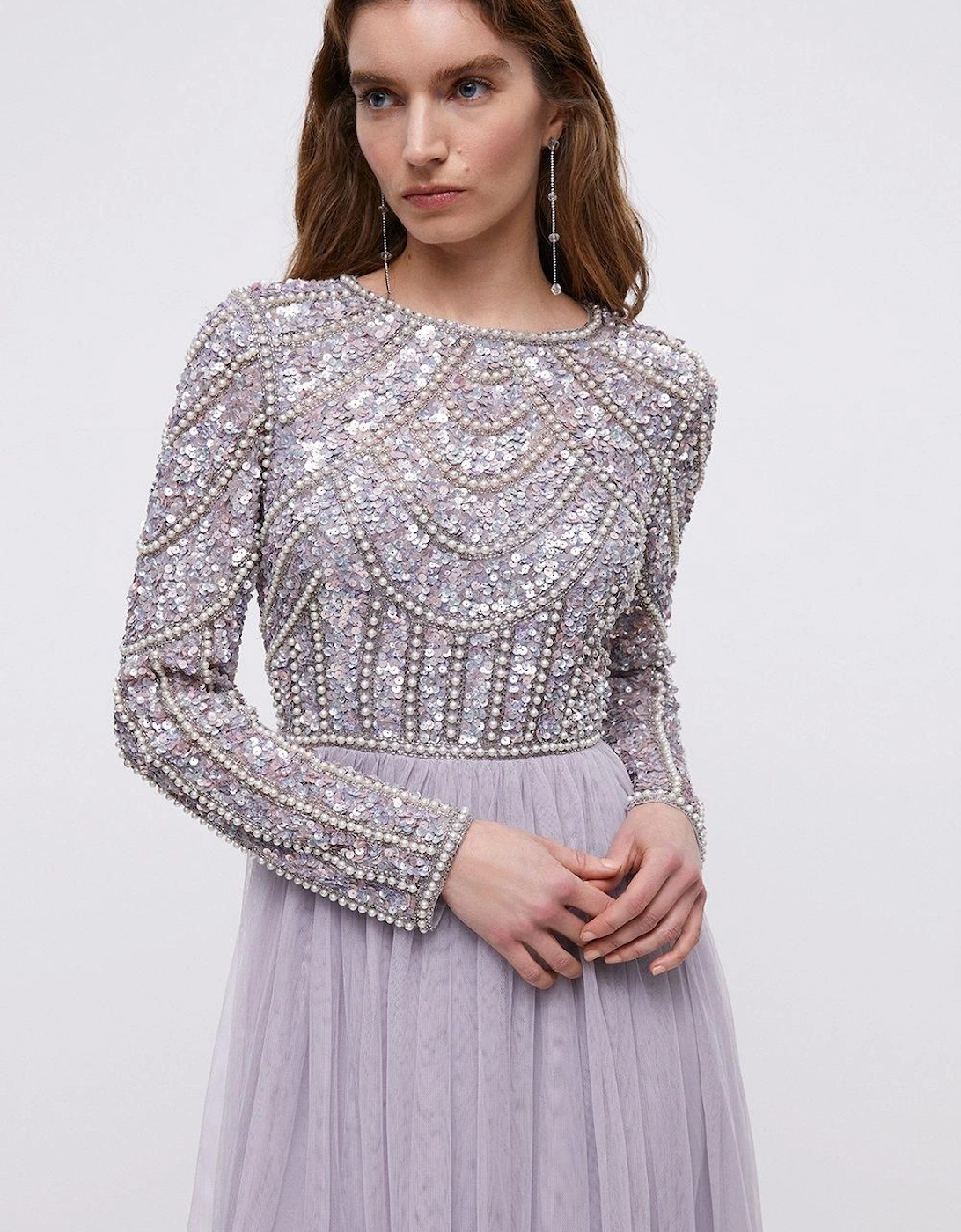 Pearl Embellished Bodice Bridesmaid Tulle Skirt Dress